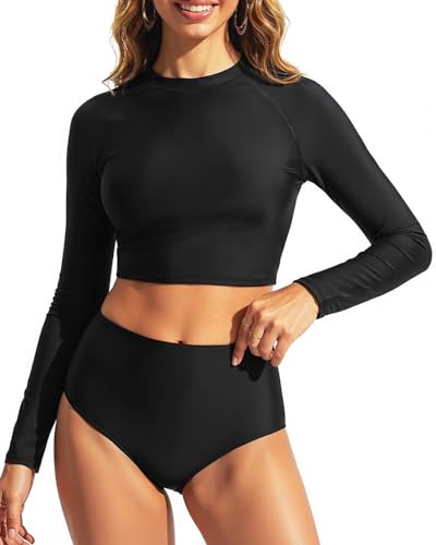 Pinup Fashion Long Sleeve Swimsuit Rash Guard 2 Piece Black UV UPF 50+ Swim Shirt Bathing Suit with Bottom XL