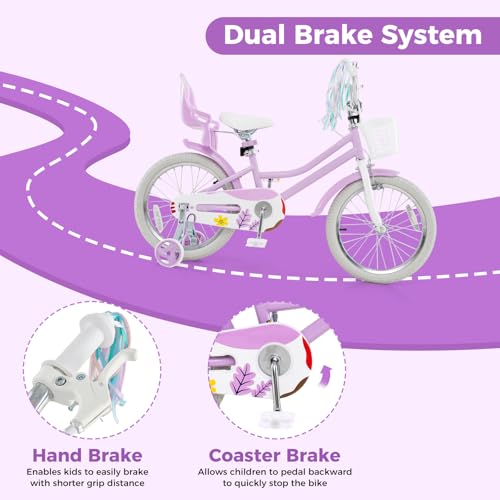 Image of BABY JOY Girls Bike with Streamers & Doll-Seat, Kids Bike for 3-8 Years Old | 12 14 16 18 20 Inch Children Bicycle w /Detachable Training Wheels or Kickstand, Storage Basket, Adjustable Seat and Handlebar