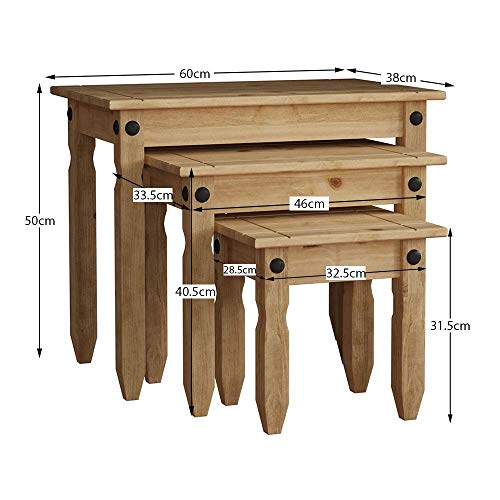 Vida Designs Nest Of Tables, End Table, Rectangular, Waxed Solid Pine Wood, Traditional, Rustic, 28.5 x 60 x 50