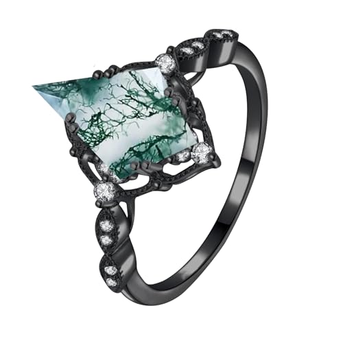 Black Moss Agate Ring for Women 18K White Gold Filled 925 Sterling Silver Personalized Bridal Wedding Promise Rings Engagement Ring Valentine's Day Anniversary Jewelry for Her Wife