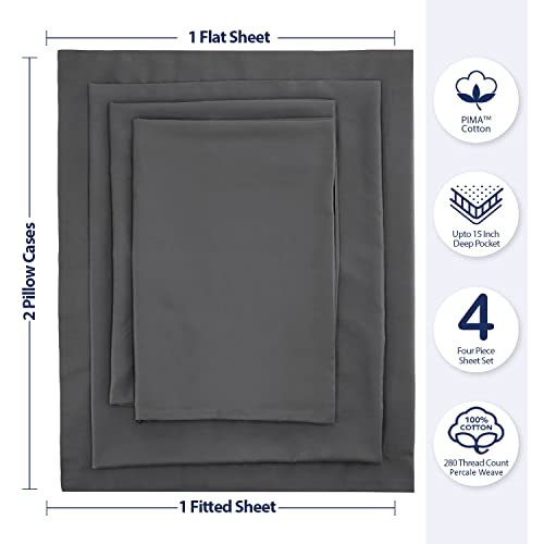Craftsworth 100% Usa Pima Cotton Queen Sheets| Percale Weave|Better Than Peruvian Pima|4 Piece Bed Sheet Set|5 Star Hotel Quality|Cool|Crisp |Breathable|Sheets With Elasticized Deep Pockets| Dark Grey #TOP1