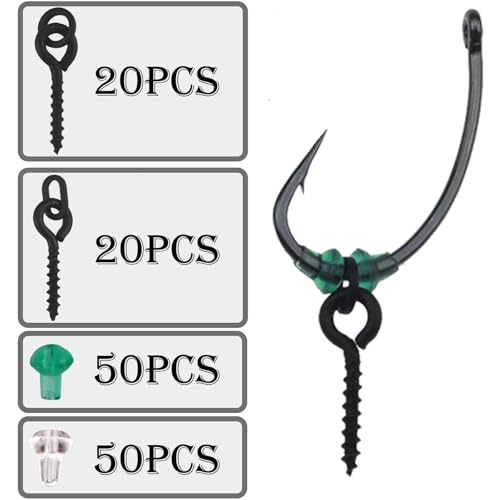FYSL Angelhaken Set - 140 Stück mit 40 Stück Gewinde Boilie Köder Schrauben und 100 Stück Stopper, Hook Stops Angelhaken Set, Kreis Oval Köder Jig Haken Angelgerät Zubehör