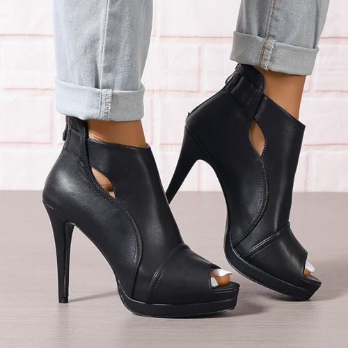 Image of Open Toe Booties for Women Black High Stiletto Heels Open Toe Sexy Ankle Boot Fashion Heeled Sandals with Back Zipper, US Size 5-11