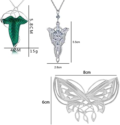 HJYZY 3 pcs Arwen Evening Star Butterfly Brooch Lord of The Ring Hobbit Necklace Vintage Green Leaf Elven Pin Brooch Pendant Chain Necklace