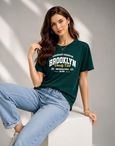 Image of London Hills Women's Loose Fit Graphic Printed T-Shirt | Soft Cotton Blend Fabric | Round Neck Half Sleeve Casual Top, Travel & College