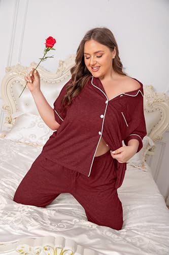 Image of Vozanet Women Plus Size Pajamas Button Down Rayon Softness PJS Classic Sleepwear Short Long Loungewear 2pcs with Pockets