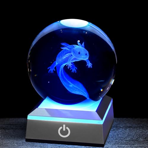Image of 3D Axolotl Crystal Night Light with Multicolor LED Base Glass Laser Engraved Axolotl Figurines Gifts for Boys Girls Lovers Birthday Christmas Room Decor (Axolotl-1)