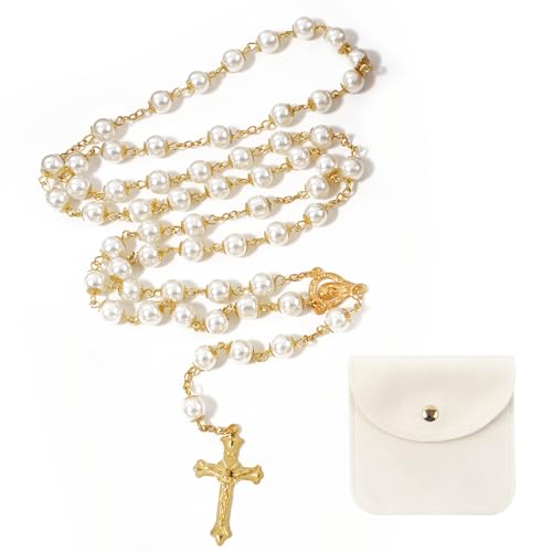 Hpbaggy Kommunion Rosenkranz Halskette Perlen Mit Samt Geschenkbeutel Katholisch Rosenkranz Kette Jesus Kreuz Gebetskette Christlich Rosary Chain Geschenke Für Frauen und Männer Mädchen Jungen