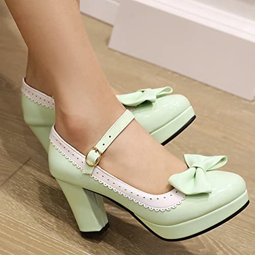 Meefit Womens Wingtip Mary Janes Patent Leather Rockabilly Shoes Platform Bow Block High Heels Vintage Lolita Pumps3