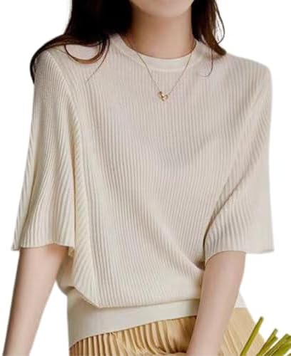 Elixio Women's Summer Knit Cut and Sewn, Spring Clothes, Summer Clothes, Dating Clothes, Rib Knit, Short Sleeves, Dolman Sleeves, Crew Neck, Stylish, Elegant, Office Casual