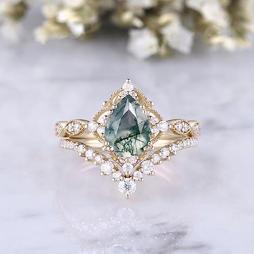 YDD 1.00 CT Natural Pear Shaped Moss Agate & Moissanite Engagement Ring Set for Women Unique 2pcs Green Agate Ring Set 925 Sterling Silver 10k/14k/18k Rose Gold Milgrain Bridal Sets Jewerly Gift2
