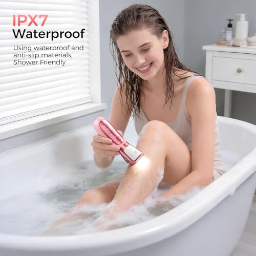 Image of Bikini Trimmer for Women, 2 in 1 Electric Razors Shaver, IPX7 Waterproof Body Hair Trimmer with Mirror, LED Light & Display, Painless Pubic Hair Removal, Pink