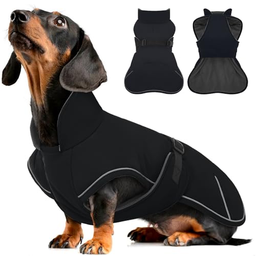 Hjyokuso Hundemantel Dackel, Winddichter Wasserdichter Wintermantel Für Dackel Hunde, Hundejacke Für Große Hunde, Hundemantel Winter Mit Bauchschutz Und Leinenloch, Winterjacken Für Hunde - Schwarz