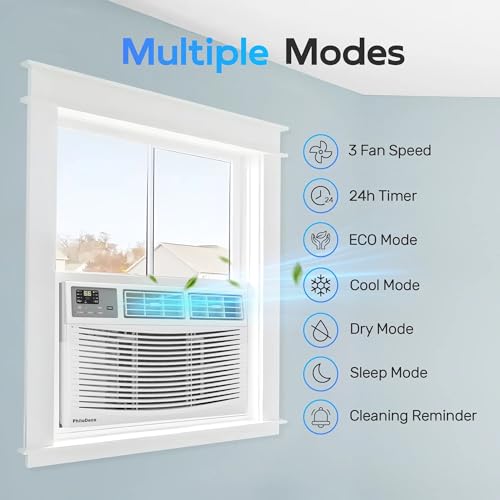 Image of PhiloDeco 8000 BTU Window Air Conditioner 350 Sq. ft. Intelligent, LED Display Screen, with Remote Control,Ac Can Be Used as a Dehumidifier /Fan, Operates Quietly, Energy-Saving. Timer /Sleep and ECO