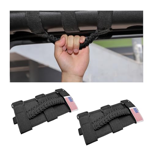 FSTURIOS 2 PCS Roll Bar Grab Handles, Oxford Cloth Roll Bar Grip Handle with Strong Metal Buckle, US Flag Grip Straps for 1955-2023 Wrangler JL JK TJ YJ Gladiator JT UTV ATV (Black)