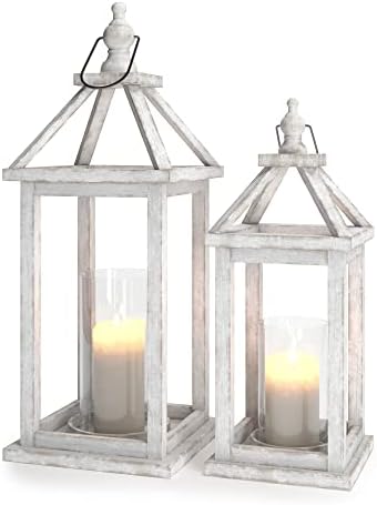 Barnyard Designs Decorative Wooden Lantern Candle Holders, Rustic Outdoor Floor or Table Lanterns for Farmhouse Patio Decor, Set of 2, (S: 39.5cm H, L: 56.5cm H)