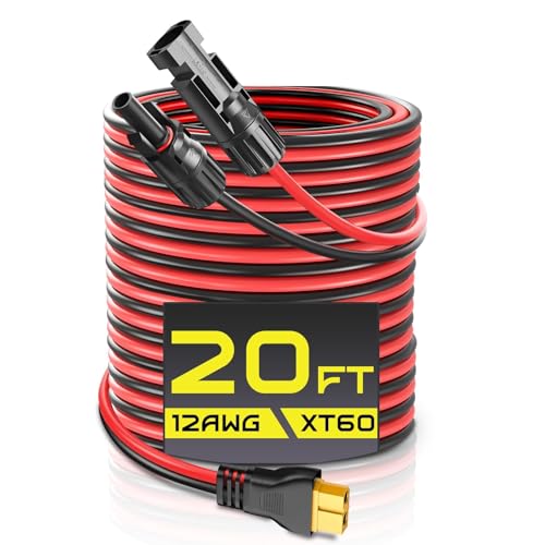 20FT 12AWG XT60 Solar Charging Cable GIBBAB Solar Panel Connector to XT60 Extension Charge Adapter Cable with Caps & Wire Ties for LiFePO4 Battery RV Portable Power Station Generator