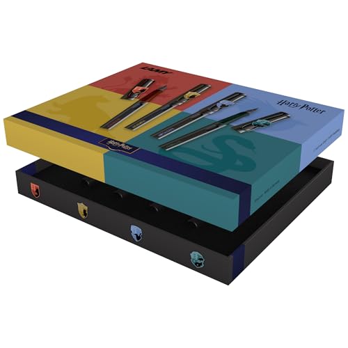 Lamy safari Harry Potter 4er-Set – Special Edition Füllhalter mit Wappen der Häuser - Stahlfeder in Strichbreite M – mit ergonomischem Griff – inkl. Tintenpatrone T10 blau – Rechtshänder