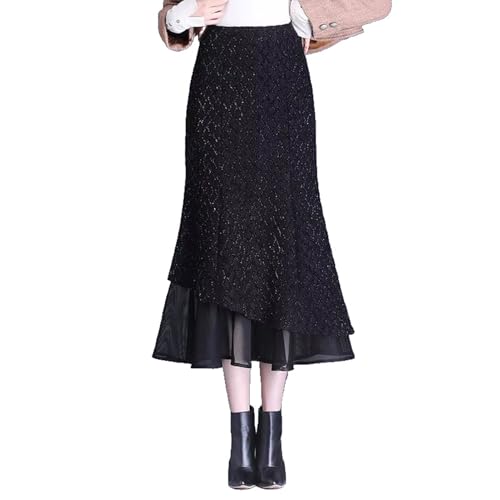 Jupe midi noire femme taille haute slim printemps automne dentelle