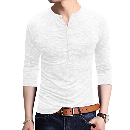 JXEWW Henley Men Tshirts Polo Cotton Long Sleeves Slim Fit V Neck Button Tees White M