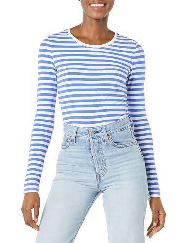 Amazon Essentials Damen Regular-Fit Langarm-T-Shirt Rundhalsausschnitt (In Übergröße Erhältlich), Blau Weiß Streifen, M