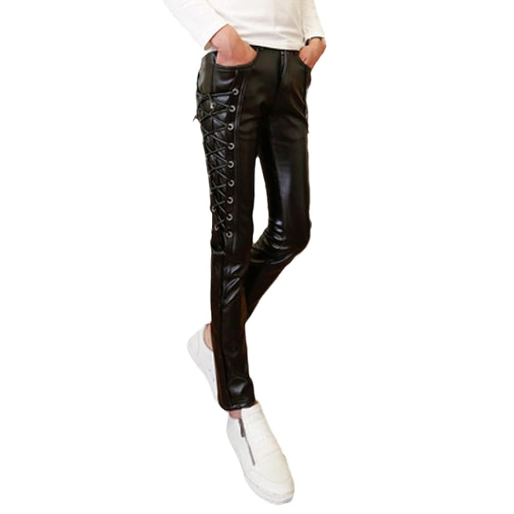 【diante】SYNTHETIC LEATHER SKINNY PANTS Bockle® Leather Pants Men Imitation Faux Leatherette Black