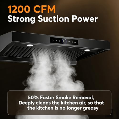 Image of 1200 CFM Black Range Hood 30 Inch, Under Cabinet Range Hood 30 Inch, 4-Speed Kitchen Hood with Gesture Sensing & Touch Control Kitchen Stove Vent Hoods, Supports Only Duct Installation