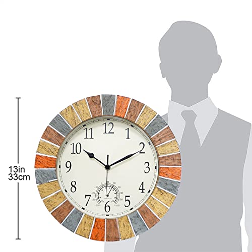 Umexus Indoor Outdoor Clock And Thermometer, 13 Inch Large Waterproof Wall Clocks, Retro Silent Non-Ticking Battery Operated Weatherproof Clock For Patio, Pool, Lanai, Fence, Porch, Garden (Yellow) #TOP6