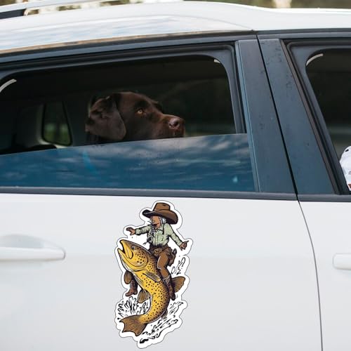 Image of Funny Fishing Bumper Sticker Decal for Car, Auto, Laptop - Trout Wrangler & Cowgirl Fly Fishing Design - Weatherproof Material