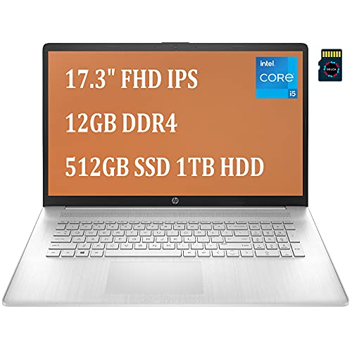 HP 2021 Premium 17 Laptop Computer I 17.3" FHD IPS I 11th Gen Intel 4-Core i5-1135G7 (> i7-10510U) I 12GB DDR4 512GB SSD 1TB HDD I Intel Iris Xe Graphics USB-C Win10 Silver + 32GB MicroSD Card