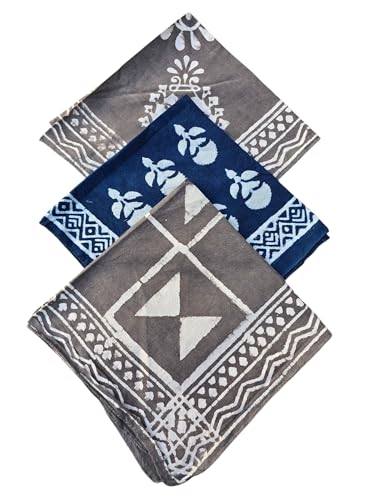 BLOCKYARTZ Cotton Bandana Head Wrap and Neck Scarf, Hand Block Printed, 21 x 21 inches, Navy Blue and Gray