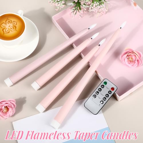 Image of Rossesay 16 Pcs Pink Flameless Taper Candles Battery Operated Candles with Remote Timer 8.5 inch 9.6 inch 10.8 inch 12.8 inch LED Flameless Flickering Candlestick for Halloween Christmas Wedding Party Decor