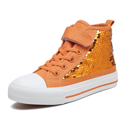 Zoroadke Toddler Flipping Sequins Canvas Shoes Girls Boys Kids High Top Glitter Sparkle Hook and Loop Sneakers Casual Outdoor Walking Size 9 Orange by Zoroadke - Used condition - US$36.03