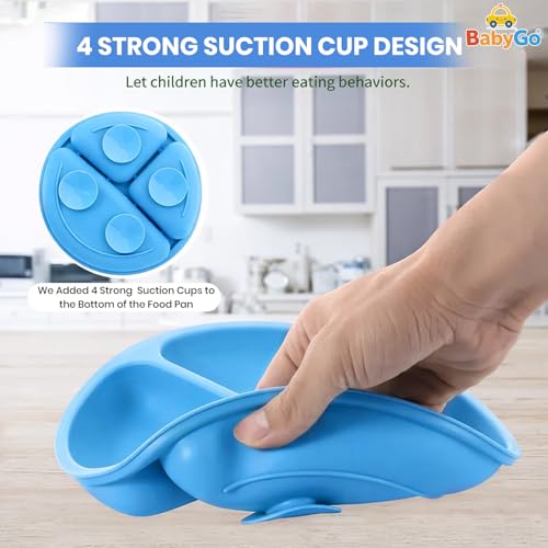 Image of BabyGo Silicone Suction Plate with Spoon for Babies | Microwave, Dishwasher & Freezer Safe | Unbreakable Feeding Plate with 4 Suction Cups for Babies & Toddlers | BPA-Free (Blue)