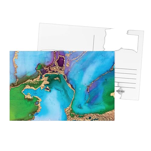Luxury Abstract Watercolor Art Postcard – Blue, Green, and Purple with Gold Accents – Elegant 5x7 Artistic Postcard for Personalized Notes, Thank You Cards, Invitations, Travel Greetings, and Collectors – Premium Thick Cardstock – Made in the USA