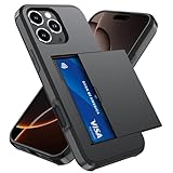 Qinmay Compatible with iPhone 16 Pro Case with Card Holder, Dual Layer Shockproof,Heavy Duty Protective Hidden Slot Slim Wallet Phone Cover，Black