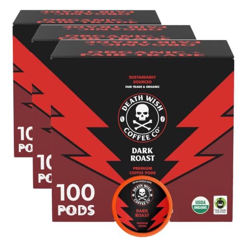 Death Wish Coffee, Dark Roast Single-Serve Pods, USDA Organic and Fair Trade, 100 Count (Pack of 3)