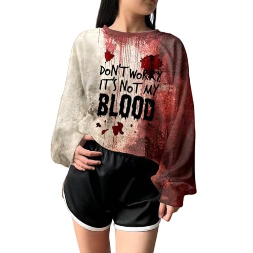 Sudadera de Halloween para mujer top corto informal retro con cuello redondo