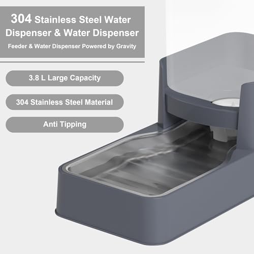 Stainless Steel Cat Feeder and Water Dispenser,Gravity Waterer & Food Feeder Set with Stainless Steel,Large Capacity Pet Food Bowl for Small Medium Dog Pets Puppy Kitten(Grey,1 Gallon) - Image 4