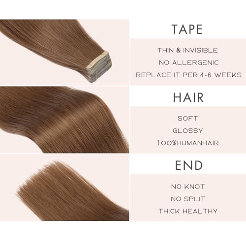 Image of Tape in Hair Extensions Human Hair for Women 20pcs 18 Inches Hair Extensions Real Human Hair Tape Ins Invisible Human Hair Tape in Extensions Skin Weft Medium Brown (6#,18 Inch)