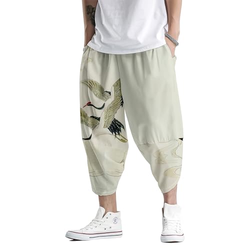 Image of DOSLAVIDA Men's Japanese Kimono Jacket Set Stylish Open Front Coat With Shorts Chinese Style Printed Cardigan Suit