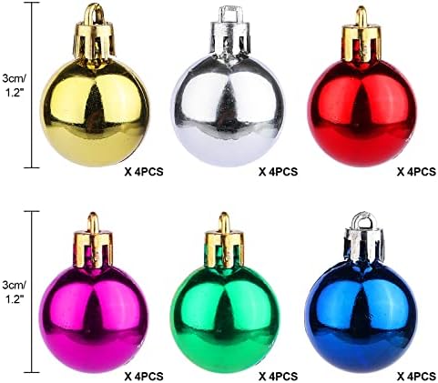 kungfu Mall 24 PCS of 6-color Mini Christmas Tree Baubles Matte and Glitter Decorated Baubles Xmas Hanging Decorations 30mm