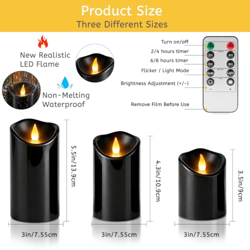 Image of Flameless Candles 4 inch 5 inch 6 inch Set of 3 Outdoor Indoor Black Pillars Battery Operated Flickering Candles with Cozy Climbing Flame Effect, 10-Key Remote Timer, Plastic LED Candles for Wedding Decor
