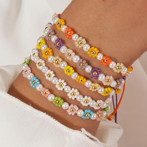 Disney Colorful Disney Flower Pearl Glass Beaded Bracelets for Women,Adjustable Handmade Lucky Rope Boho Floral Summer Beach surfer Cute Friendship Birthday Gifts2