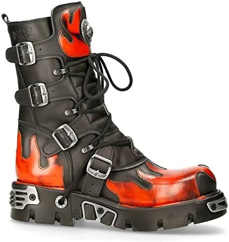 New Rock 591-S1 Red Flame Metal Black Leather Heavy Punk Gothic Boots 11 | Image 4