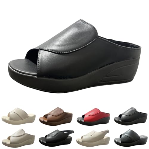 2025 Fashion Summer Comfort Orthopedic Leather Wedge Slippers Mules Open Toe Soft Bottom Fish Mouth Platform High Heel Support Non-Slip Sandals(ABlack-37)