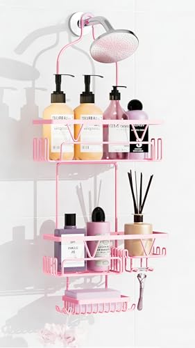 DAOYA Hanging Shower Caddy Over Shower Head Anti-Swing Shower Organizer For Inside Shower With 2 Soap Holders Multi Hooks Rustproof Bathroom Accessories Pink
