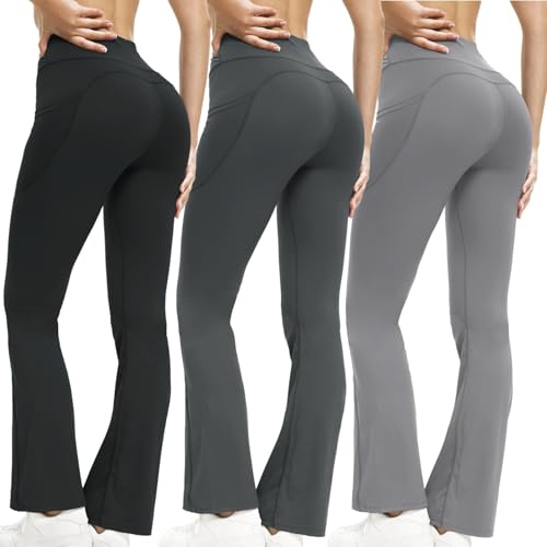3 Packs Women's Flare Leggings with Pockets, Soft High Waisted Tummy Control Bootcut Workout Yoga Pants