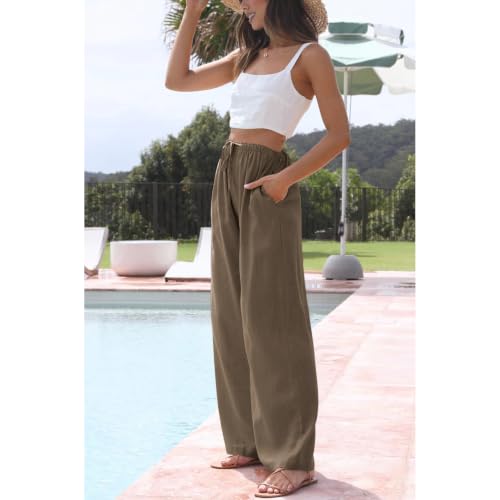 Image of Duyang Womens Cotton Linen Palazzo Pants Drawstring Elastic Waist Casual Wide Leg Trousers with Pockets