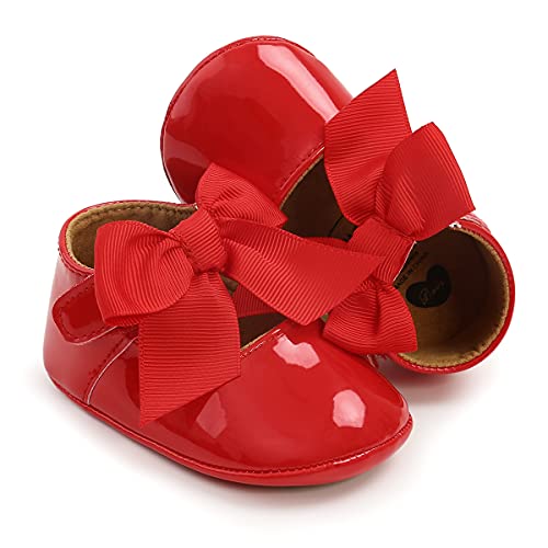 SOFMUO Baby Girls Mary Jane Flats Non-Slip Soft Rubber Sole Bowknot Infant Slippers Toddler Princess Dress Walking Shoes(A00/Red,12-18 Months)